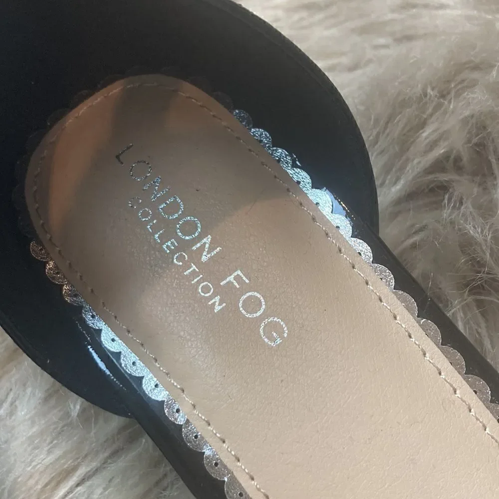 LONDON FOG Nikki Low Block Heel Shoe Ankle Strap Open Toe Shiny Pump Sandal